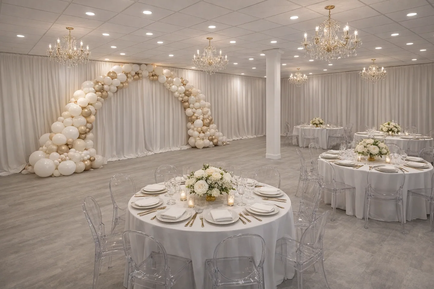 Round tables and an ivory balloon arch beneath chandeliers inside Kaye’s Table.