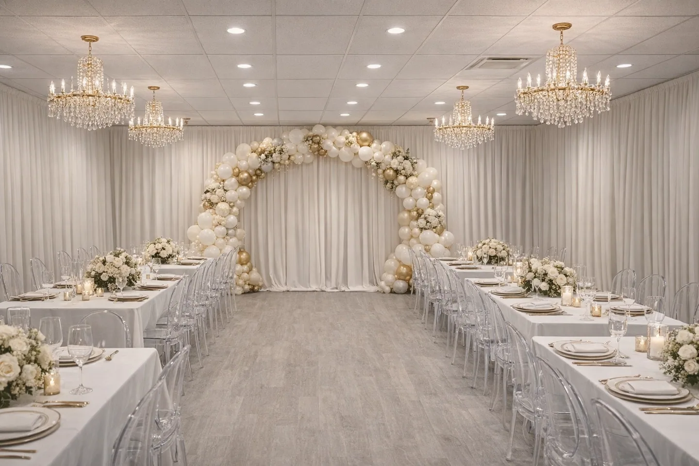 A central aisle framed by tables, floral arrangements, chandeliers, and an ivory balloon arch.